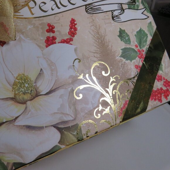 Large Peace on Earth gift box with Gold wired ribbon bow Holiday Winter - Picture 2 of 14